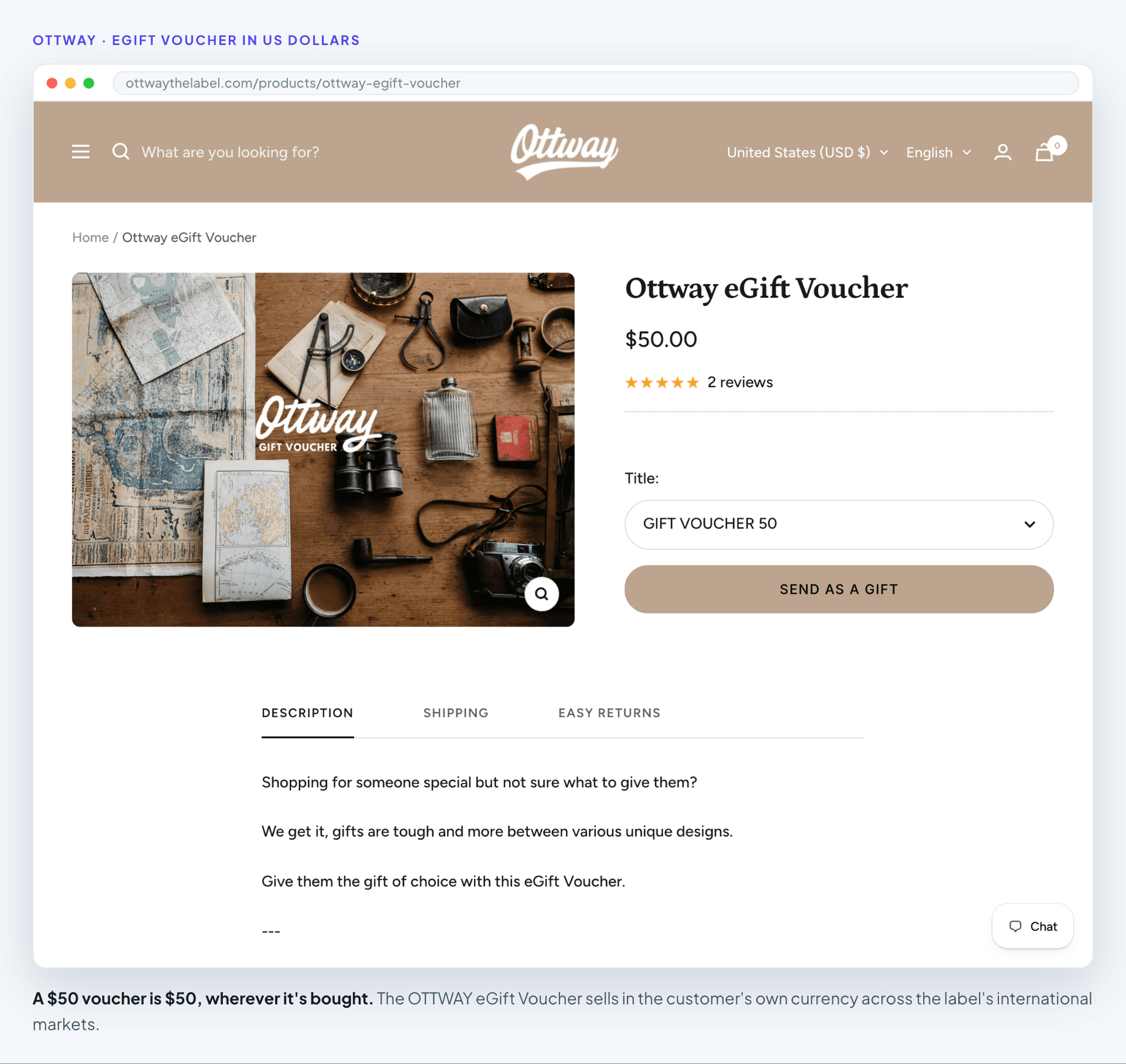 The OTTWAY eGift Voucher on ottwaythelabel.com, priced in US dollars