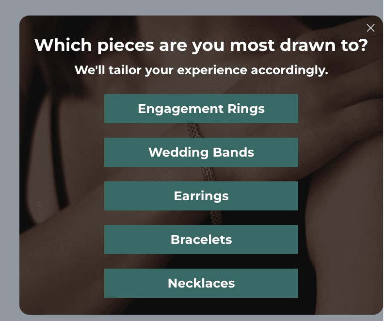 Two-step Klaviyo sign-up form built by In-box asking shoppers which jewellery category they're interested in