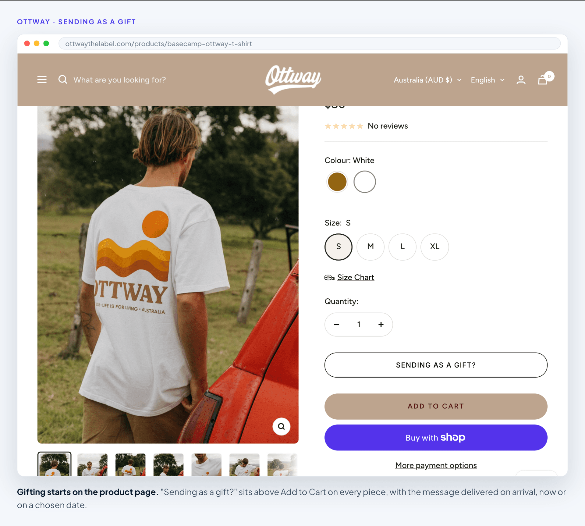 An OTTWAY product page with the Giftnote "Sending as a gift?" button above Add to Cart