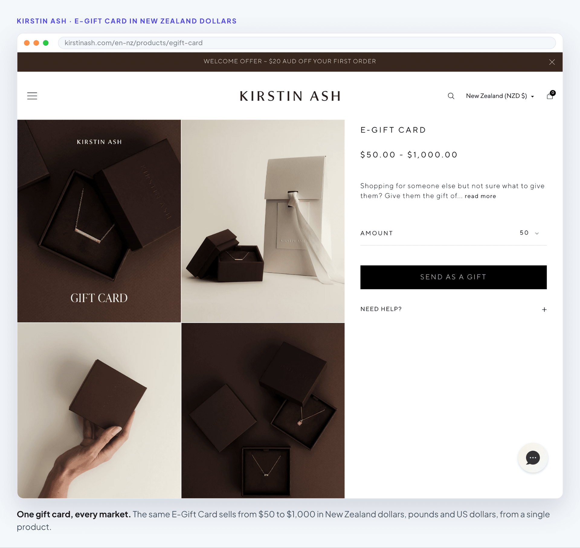 The Kirstin Ash E-Gift Card on kirstinash.com, priced in New Zealand dollars